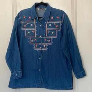 Artsy  Vintage Denim Embroidered Button Down Top  Large